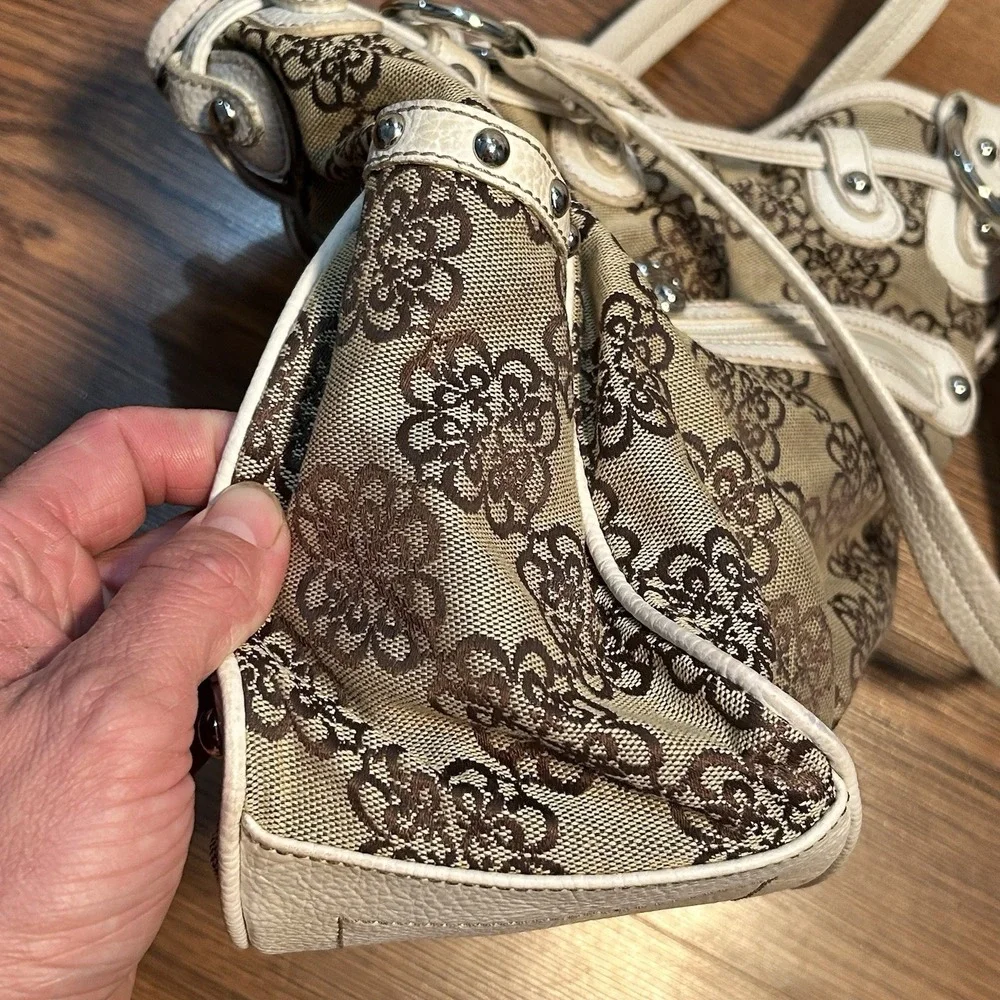 Kathy Van Zeeland Gold Metallic‎ Shopper Tan Floral Purse Handbag w/ Keychain